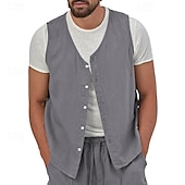 זול ג&#039;ילטים-בגדי ריקוד גברים וסט Gilet אפוד פשתן חופשה יומי פגישה (דייט) אופנתי יום יומי קיץ אביב כפתורים כיס פשתן נוח אחיד חזה יחיד כפתור יחיד צווארון V רגיל שחור צהוב ירוק בהיר כחול נייבי אֵפוֹד