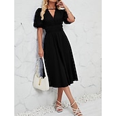 cheap Dresses-Retro Vintage 1950s Midi Dress Flare Dress Puff Sleeve Solid Color A-Line V Neck Women&#039;s Masquerade Wedding Vacation Tea Party Adults&#039; Dress