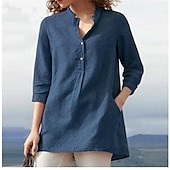 economico Camicie-Per donna Camicia Camicia di lino Camicie di cotone e lino Semplice Quotidiano Elegante Essenziale Manica 3/4 Colletto a Camicia Top Regolari Lavoro Quotidiano Ferie Bottoni Nero Bianco Blu Primavera