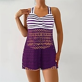 billiga One Pieces &amp; Tankinis-Dam Tankini Tvådelad baddräkt Spets Badkläder Rand Badkläder Svart Purpur Andningsfunktion Snabb tork Lättvikt Ärmlös - Simmning Surfing Strand Sommar Vår Plusstorlekar