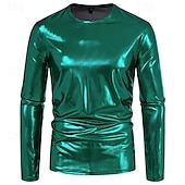 cheap Basic T shirts-Men&#039;s Tee Tee Top Long Sleeve Shirt Long Sleeve Crew Neck Spring &amp;  Fall Plain Fashion Designer Shiny Metallic Vacation Street Going out Silver Green Red Top Tee for Men
