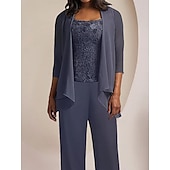 voordelige Broekpakken van mama-Jumpsuit  Pantalon 3-delige Moeder van de Bruid Formeel Bruids Gast Elegant Vintage Scoop Hals Enkel Lengte Chiffon Kant Mouwloos 3/4 Lengte Mouw met Applicaties vrije maat