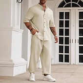 preiswerte Herren Basic Hemden Sets-Herren Zweiteilig Hemd Set Sommer-Set Passende Sets Freizeithemd Einfach Urlaub Täglich Schwarz Beige Grau Kurzarm Kragen Sommer Bekleidung