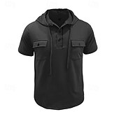 cheap Men&#039;s Casual T-shirts-Men&#039;s T Shirt Henley Shirt Tee Short Sleeve Shirt Short Sleeve Hooded Henley Summer Spring Color Block Fashion Designer Basic Drawstring Vacation Street Going out Black Khaki Light Grey Top Tee for