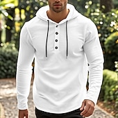 preiswerte Straße-Herren Hemd Strandbekleidung Kapuzenshirt Solide / einfarbig Strasse Ausgehen Schwarz Weiß Khaki Grau Langarm Mit Kapuze Sommer Bekleidung Verstellbare Kordelzughaube