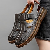 cheap Casual Sandals-Men's Brown Faux Leather Fisherman Sandals with Velcro Strap, Breathable Design and Comfortable Sole for Summer, Outdoor Activities and Beach Wear