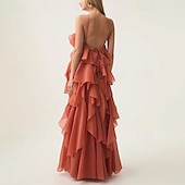 abordables ORANGE-Robe de Soirée A-Line Élégante Robe de Soirée Formelle Longueur de Sol Sans Manches Col Halter Organza avec Fleurs et Volants