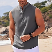 abordables chemise boutonnée pour homme-Homme T-shirt à boutons T-shirt Chemise Henley Sans manches Henley Été Uni Mode Designer Basique Boutons Vacances Rue Sortir Blanche T-shirt haut de gamme pour homme