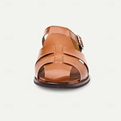 ieftine sandală de rochie-Sandale pentru bărbați din piele artificială maro, cu vârf deschis, cu curea cu cataramă reglabilă, stil casual pentru purtarea de zi cu zi