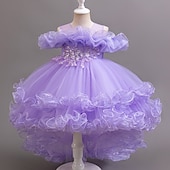 preiswerte Kleider für die Blumenmädchen-Blumenmädchenkleid Mädchen Formelle Kleidung Prinzessinenkleid Party Kleid Hochzeit Besondere Anlässe bezaubernd Süß Rüschen Zip Feste Farbe Kurzarm Rundhalsausschnitt Weiß Champagner 4-13 Jahre