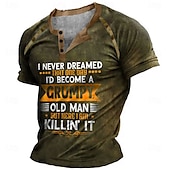 cheap Funny Words-Birthday Mens Graphic Shirt Henley Tee Color Block Letter Clothing Apparel 3D Print Outdoor Casual Short Sleeve Patchwork Button Down Fashion Designer T-Shirt Black Cotton Grumpy Old Man Button-Down