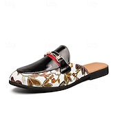 cheap Semi-Formal-Men&#039;s Slip-On Mules with Glossy Black Patent Leather and Floral Print Design, Adjustable Strap, Perfect for Casual and Fashionable Occasions