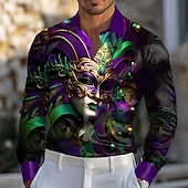 preiswerte Herren Satin Hemd-Karneval Herren Maske Karnival Satinhemd Oberhemd Knopfhemd Langarm Modisch lässig Geschenk Festtage Festival Sommer Frühling Umlegekragen Hemden mit Kragen 3D-Druck Purpur