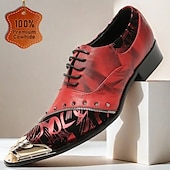 baratos Sapatos Sociais Elementares-Sapatos de Vestir em Couro Vermelho Premium Masculinos com Estampa Artística e Detalhe Studded com Ponta Dourada–Calçados Formais Estilosos para Ocasiões Especiais