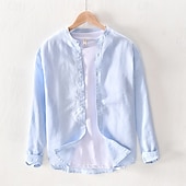 economico Casual da lavoro-Per uomo Camicia Camicia di lino Camicia casual Camicia con Bottoni Camicia di cotone Semplice Vacanza Camicia hawaiana Bianco Blu marino Cachi Grigio Manica Lunga Colletto alla coreana Primavera