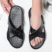 preiswerte Lässige Sandalen-Schwarze Herrensandalen mit Kreuzriemen, Krokoprägung und bequemer Gummisohle – lässiges Outdoor-Schuhwerk für Sommer, Strand und Alltag