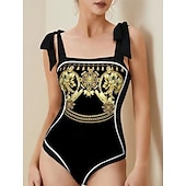 billige Onepiece badedrakter-Dame Badetøy 2 stk Monokini Badedrakt T-skjorte i ett stykke Midjekontroll Høy Midje Tynn Åpen rygg Ferie Strand Klær Blomstret Dyp utringing Ermeløs Badedrakter