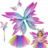 levne Dekorativní světla-karnevalový elegantní svítící pohádkový kostým pro dívky – 4dílná sada oblékání s měkkými duhovými motýlími křídly ideální pro hru na princeznu karnevalové zdobení