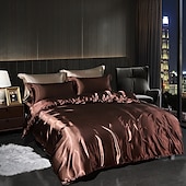 cheap Duvet Cover Sets-4 Pieces Satin Silk Bedding Set with Fitted Sheets Duvet Cover Sets Summer Solid Color Comforters Covers with 2 Pillowcases