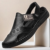 billiga Avslappnade sandaler-olivgröna lädersandaler för män med justerbar rem, perforerade detaljer och bekväm sula – perfekt för vardagskläder, utomhusaktiviteter och sommaräventyr