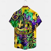 マルディグラ 男性用 マスク カーニバル シャツ ボタンアップシャツ 半袖 ファッションカジュアル バケーション 贈り物 祝日 夏 春 折襟 襟付きシャツ フロントポケット1つ パープル お買い得  メンズプリントシャツ-マルディグラ 男性用 マスク カーニバル シャツ ボタンアップシャツ 半袖 ファッションカジュアル バケーション 贈り物 祝日 夏 春 折襟 襟付きシャツ フロントポケット1つ パープル