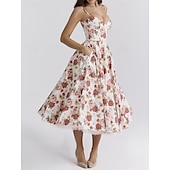 cheap Dresses-Retro Vintage 1950s Midi Dress Flare Dress Spaghetti Strap Corset Floral A-Line Women&#039;s Masquerade Wedding Vacation Tea Party Adults&#039; Dress