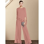 levne Máminy kalhotové kostýmy-Dvoudílný overal  kalhotový oblek matky nevěsty svatební host elegantní velké velikosti náhrdelník délka po podlahu šifon 3/4 délky rukáv s aplikacemi bez vlastního rozměru