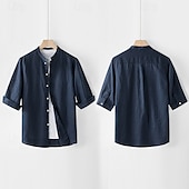 cheap Business Casual-Men&#039;s Shirt Linen Shirt Casual Shirt Button Up Shirt Plain Vacation Hawaiian White Navy Blue Khaki Gray 3/4 Length Sleeve Grandad Collar Spring Fall Clothing Apparel Button-Down
