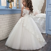 cheap Flower Girl&#039;s Dresses-Flower Girl Dress Kid&#039;s Girls&#039; Lace Dress Formal Dress Princess Dress First Communion Dress Performance Wedding Party Elegant Beautiful Mesh Solid Color Half Sleeve Off Shoulder White 4 years+