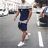 cheap Men&#039;s Tee Sets-Men&#039;s T-shirt Suits Tee &amp; Drawstring Waist Shorts 2 Pieces Outfits Tee &amp; Shorts Short Sleeve Crewneck Summer Color Block Stripes Fashion Casual 2 Piece Vacation Daily Wear Going out Black Green Red