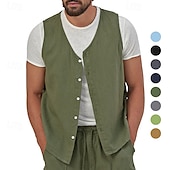 זול ג&#039;ילטים-בגדי ריקוד גברים וסט Gilet אפוד פשתן חופשה יומי פגישה (דייט) אופנתי יום יומי קיץ אביב כפתורים כיס פשתן נוח אחיד חזה יחיד כפתור יחיד צווארון V רגיל שחור צהוב ירוק בהיר כחול נייבי אֵפוֹד