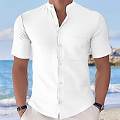 cheap Men&#039;s Button Up Shirts-Men&#039;s Shirt Summer Shirt Casual Shirt Beach Shirt Button Up Shirt Black White Yellow Pink Sky Blue Short Sleeve Plain Grandad Collar Stand Collar Vacation Hawaiian Buttons Clothing Apparel Fashion