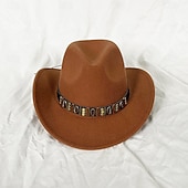preiswerte Partykappen-Metallgürtel Western Cowboyhut Herren Herren Damen Jazz Cowboyhut mit Leder breiter Krempe Glockenhut Kirche Sombrero Cowgirl