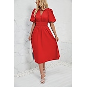 cheap Dresses-Retro Vintage 1950s Midi Dress Flare Dress Puff Sleeve Solid Color A-Line V Neck Women&#039;s Masquerade Wedding Vacation Tea Party Adults&#039; Dress