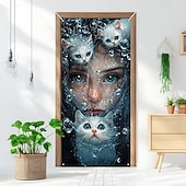 お買い得  ドアカバー-女の子 猫 ドア装飾 ドアカバー ドアタペストリー ドアカーテン装飾 バックドロップ 屋内/屋外のドアバナー フロントドア ファームハウス