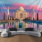 baratos tapeçaria de paisagem-Tapeçaria de Parede do Taj Mahal Paisagem Grande Tapeçaria Mural Decoração Fundo Fotográfico Cobertor Cortina Decoração para Casa Quarto Sala de Estar