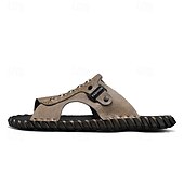 abordables Sandalias casuales-Sandalias casuales marrones para hombre con tira de cuero y elegantes detalles de costura: cómodas para usar a diario, en la playa y para salidas relajadas