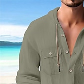 economico Vacanza-Per uomo Camicia camicia di lino Camicia estiva Camicia da spiaggia Liscio Da mare Informale Nero Bianco Blu marino Blu Manica lunga A fascia Primavera estate Abbigliamento