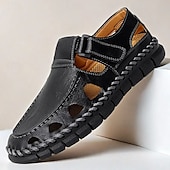 levne Pohodlné sandály-pánské černé rybářské sandály z umělé kůže s páskem na suchý zip a prodyšným designem, stylové a pohodlné pro outdoorové, ležérní a letní aktivity