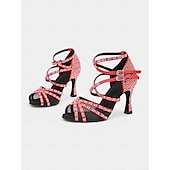 cheap Latin Shoes-Red Rhinestone-Studded Latin Dance Sandals with Buckle Detail – Perfect for Social Dance, Competitions, and Performances