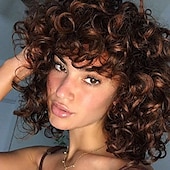 economico Parrucche trendy sintetiche-parrucche ricce per donne nere parrucche corte grandi e ricce per donne parrucca afro ondulata con frangia parrucche sintetiche naturali carine per donne afroamericane