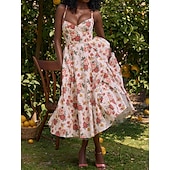 cheap Dresses-Retro Vintage 1950s Midi Dress Flare Dress Spaghetti Strap Corset Floral A-Line Women&#039;s Masquerade Wedding Vacation Tea Party Adults&#039; Dress