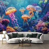 abordables Tapisseries à la lumière noire-Tentures en lumière noire glow in the dark fête luminescente UV réactive méduse trippy brouillée paysage naturel tenture murale suspendue pour salon chambre