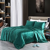 cheap Duvet Cover Sets-4 Pieces Satin Silk Bedding Set with Fitted Sheets Duvet Cover Sets Summer Solid Color Comforters Covers with 2 Pillowcases