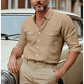 voordelige Straat-Voor heren Overhemd Katoenen linnen overhemd Zomer overhemd Overhemd met knopen Effen Casual Dagelijks Zwart Wit blauw Khaki Lange mouw Kraag Lente zomer Kleding Zak