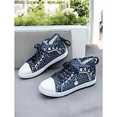 baratos Ténis de mulher-tênis feminino cano alto de lona com bolinhas – calçados jeans casuais com cadarço e charme floral, streetwear estiloso para uso diário e viagens