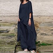 preiswerte Sets-Damen Streetwear Betrübt Hemd Baumwoll-Leinen-Sets Zweiteilige Sets Leinenhosen Hosen Hose Halbarm Rundhalsausschnitt Einfarbig Kordelzug Alltagskleidung Date Armeegrün Marineblau Khaki Sommer