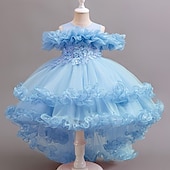 preiswerte Kleider für die Blumenmädchen-Blumenmädchenkleid Mädchen Formelle Kleidung Prinzessinenkleid Party Kleid Hochzeit Besondere Anlässe bezaubernd Süß Rüschen Zip Feste Farbe Kurzarm Rundhalsausschnitt Weiß Champagner 4-13 Jahre