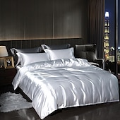 cheap Duvet Cover Sets-4 Pieces Satin Silk Bedding Set with Fitted Sheets Duvet Cover Sets Summer Solid Color Comforters Covers with 2 Pillowcases