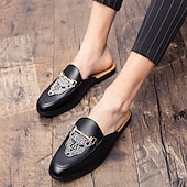 preiswerte Halbformell-Schwarze Slipper für Herren mit geprägtem Logo und goldenem Akzent, lässige flache Schuhe für den Alltag und das Büro